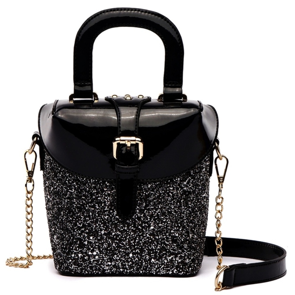 Black Glitter Metallic Vegan Leather Boxy Handbag